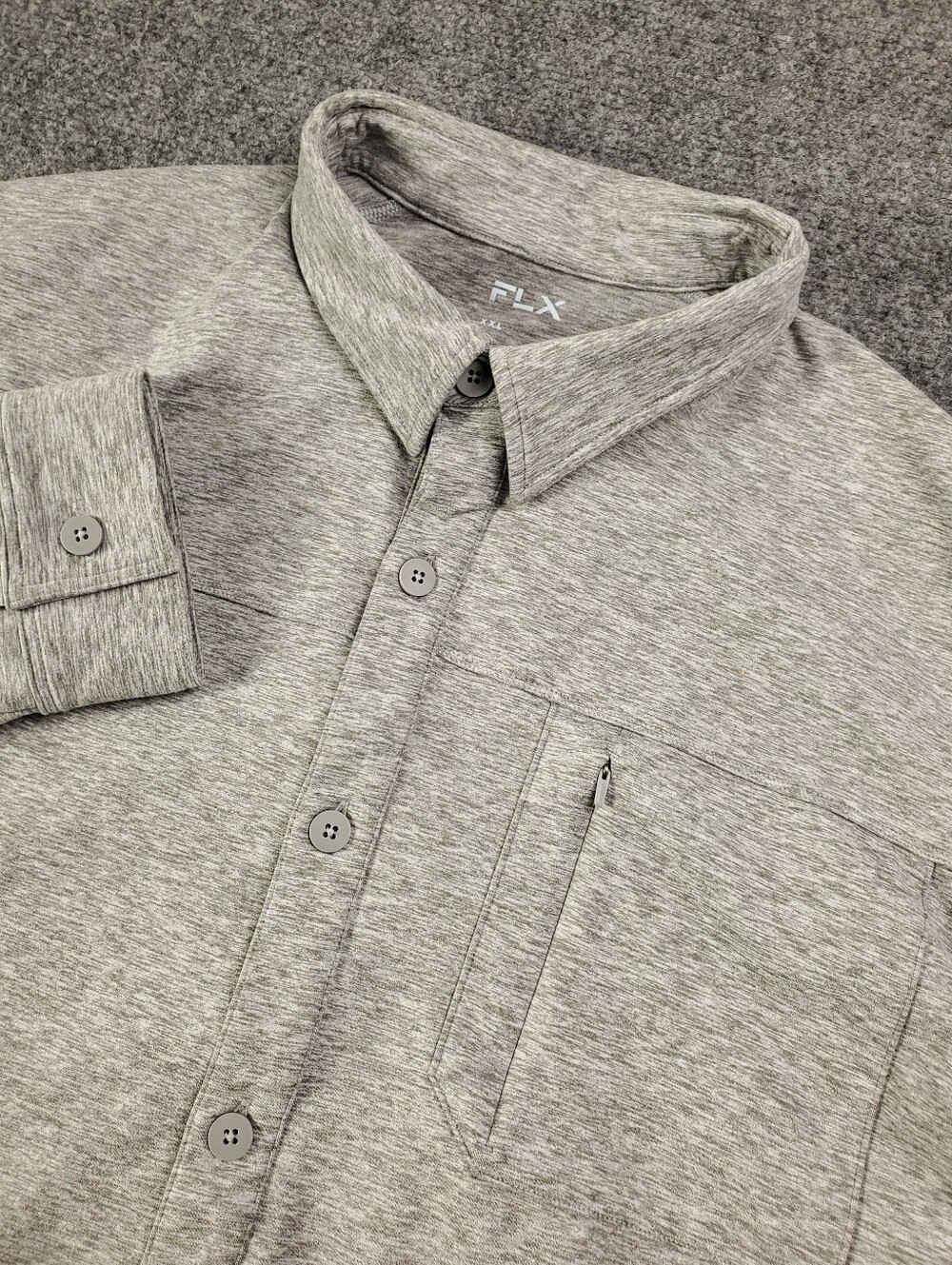 FLX Performance Button Down Shirt XXL Cliff Gray Heathered Zip Pocket Stretch
